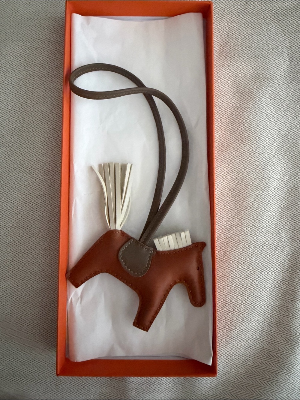 Hermes Brown Leather Horse Bag Charm with Cream Fringe